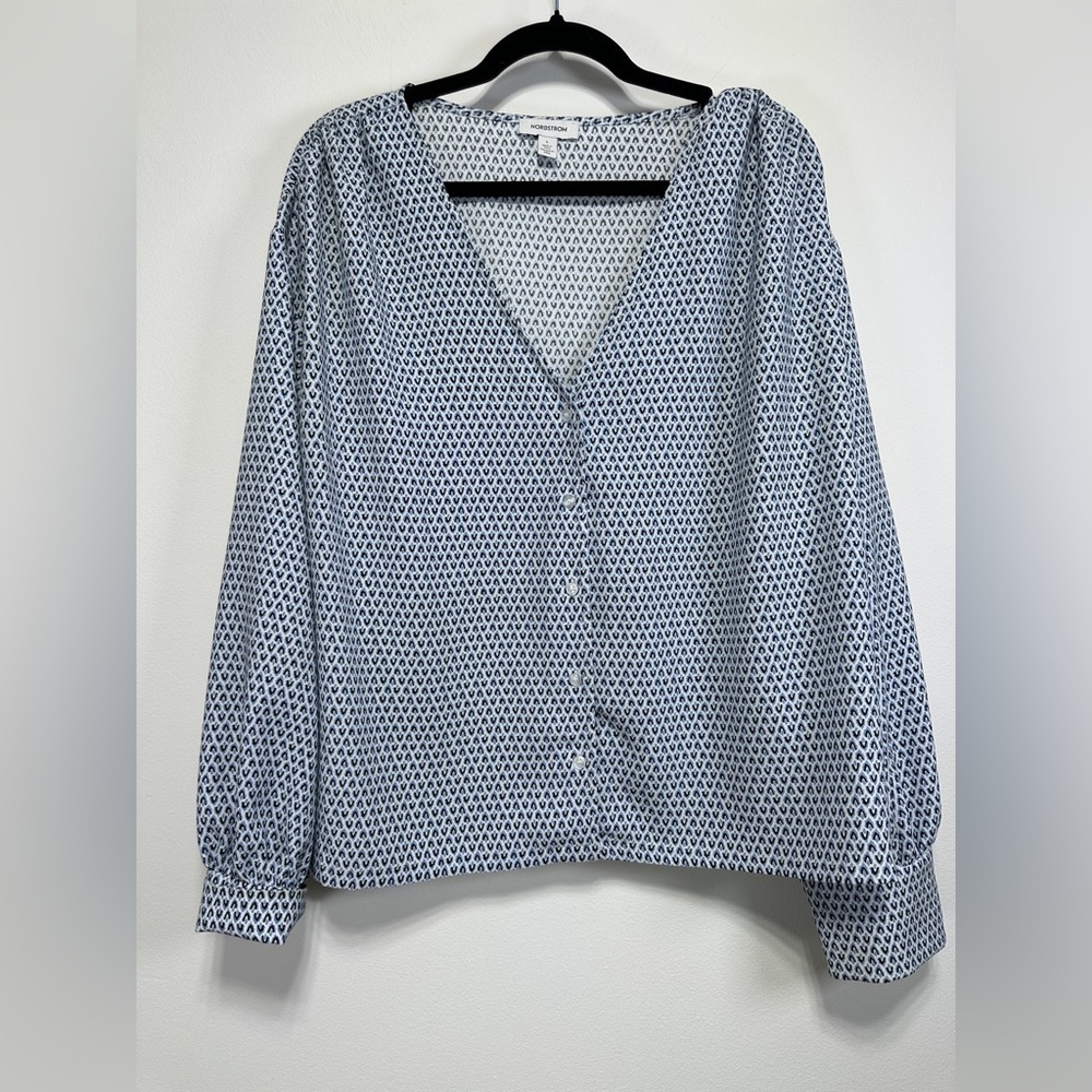 Nordstrom Geometric Blouse Lightweight V Neck Balloon Sleeve Work Top Size L